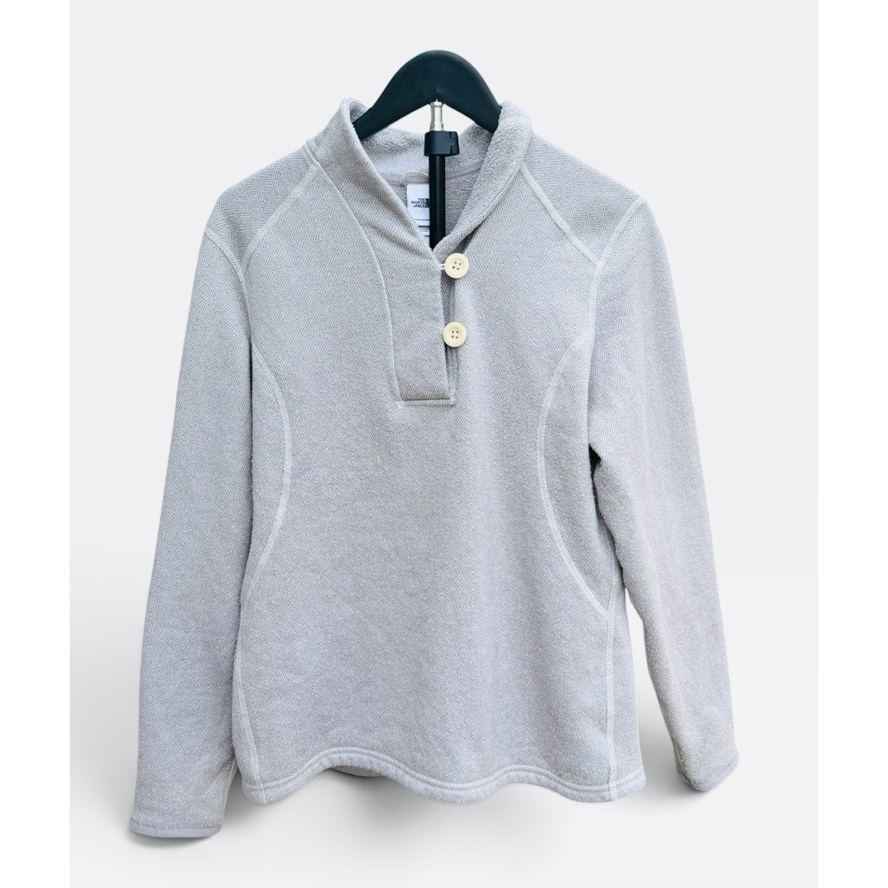 The North Face Fleece Pullover Women Large Gray Crescent Shawl Button Mock Neck